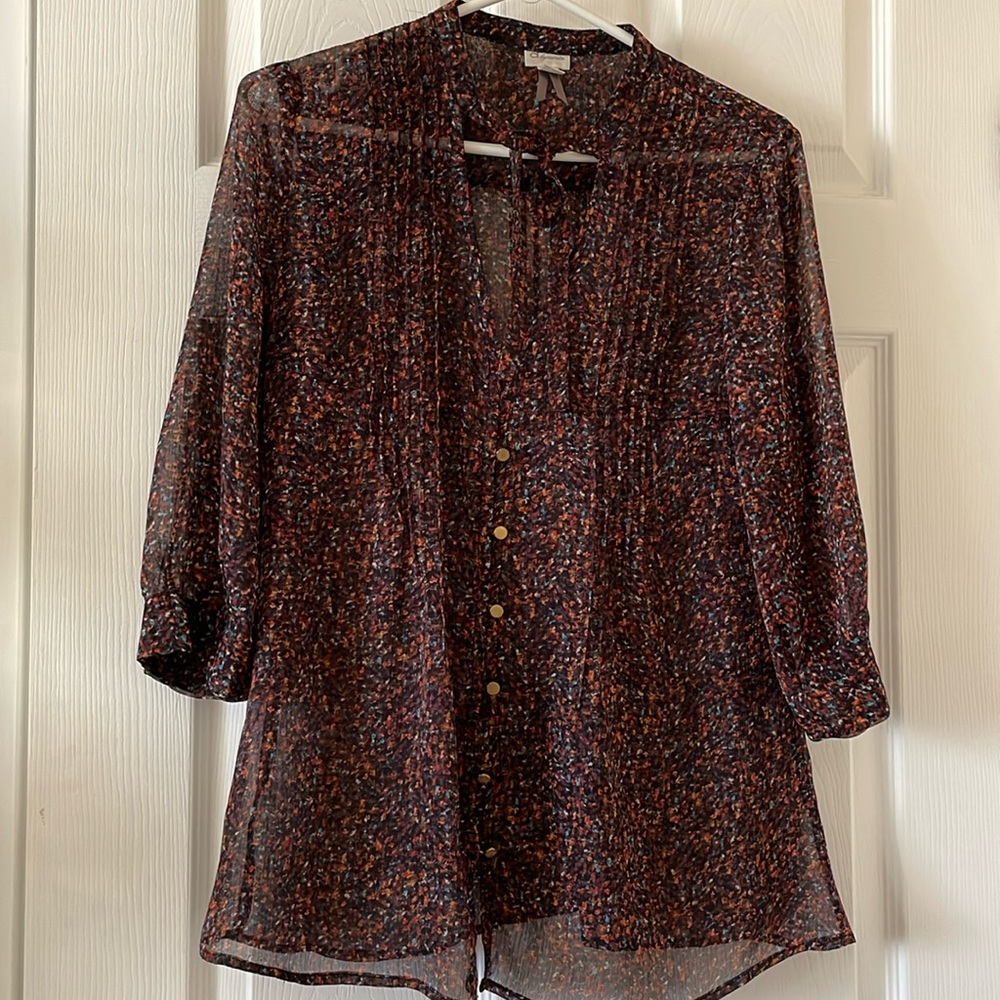 Sheer Multicolor Speckled Button-Up Blouse